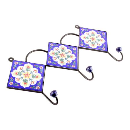 Navy Blue Leaf Floral Ceramic Tiles Hooks